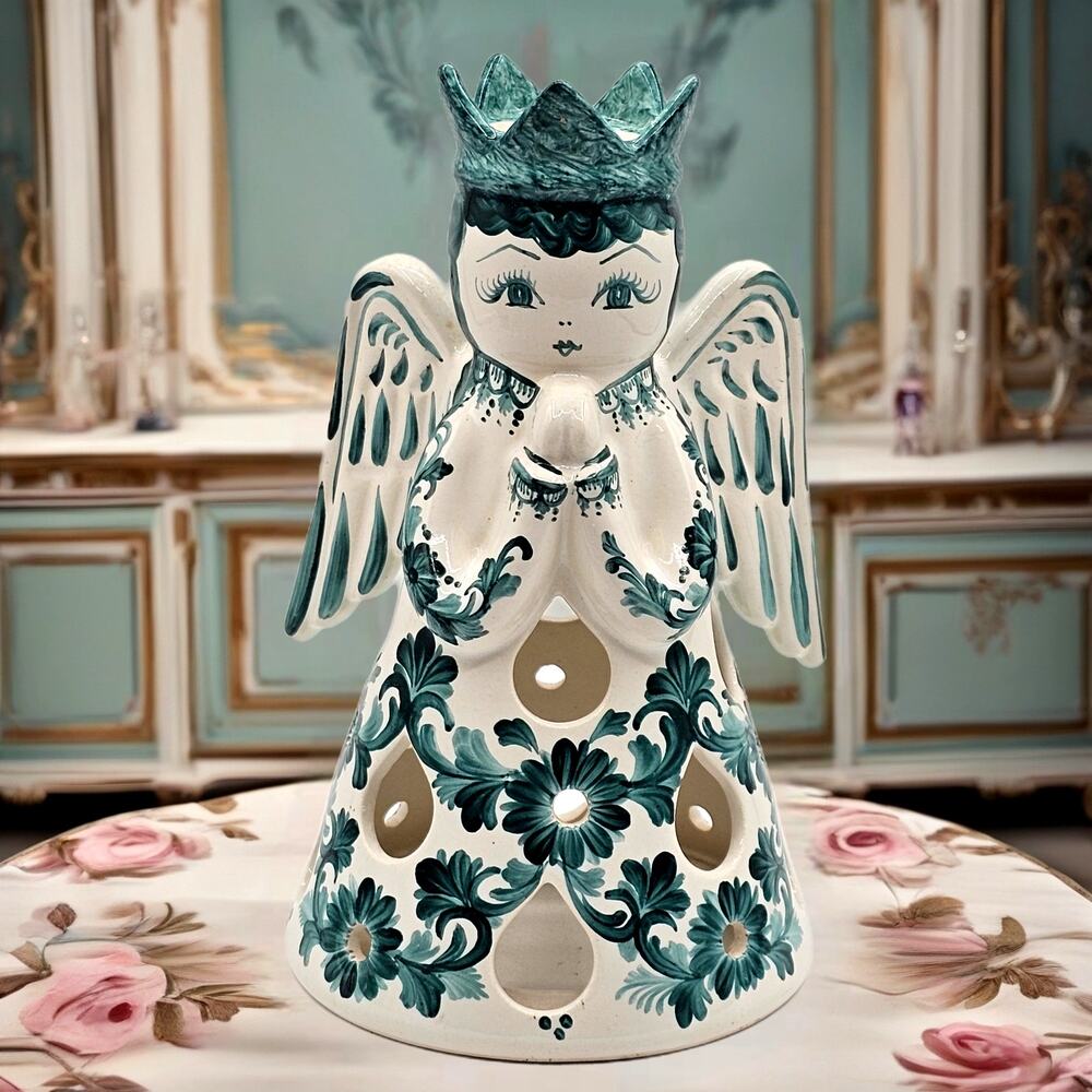 Angel Candle Holder Ceramic Luminary Scandinavian Floral Art Pottery